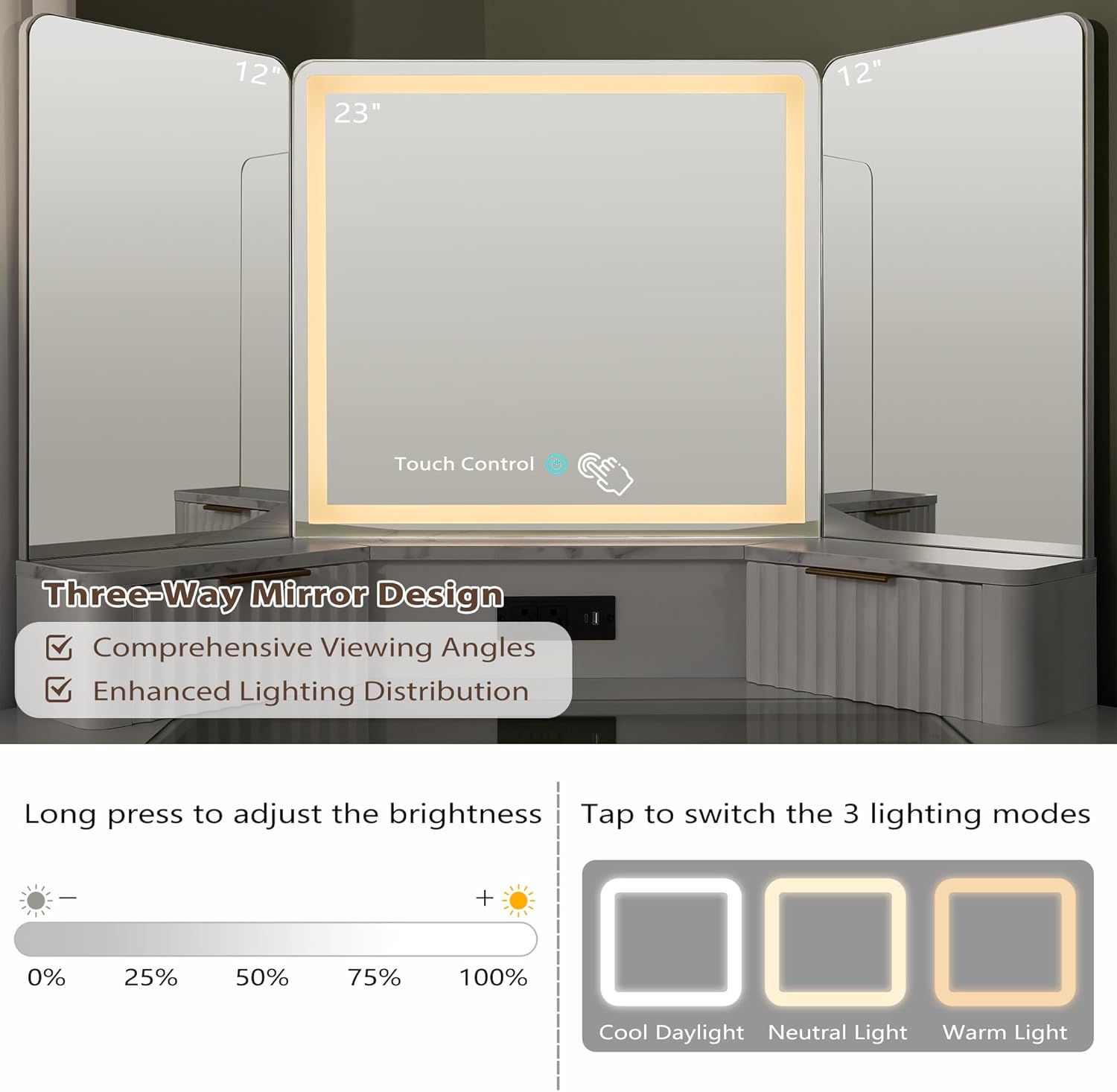 Three-way mirror with touch controls and lighting modes