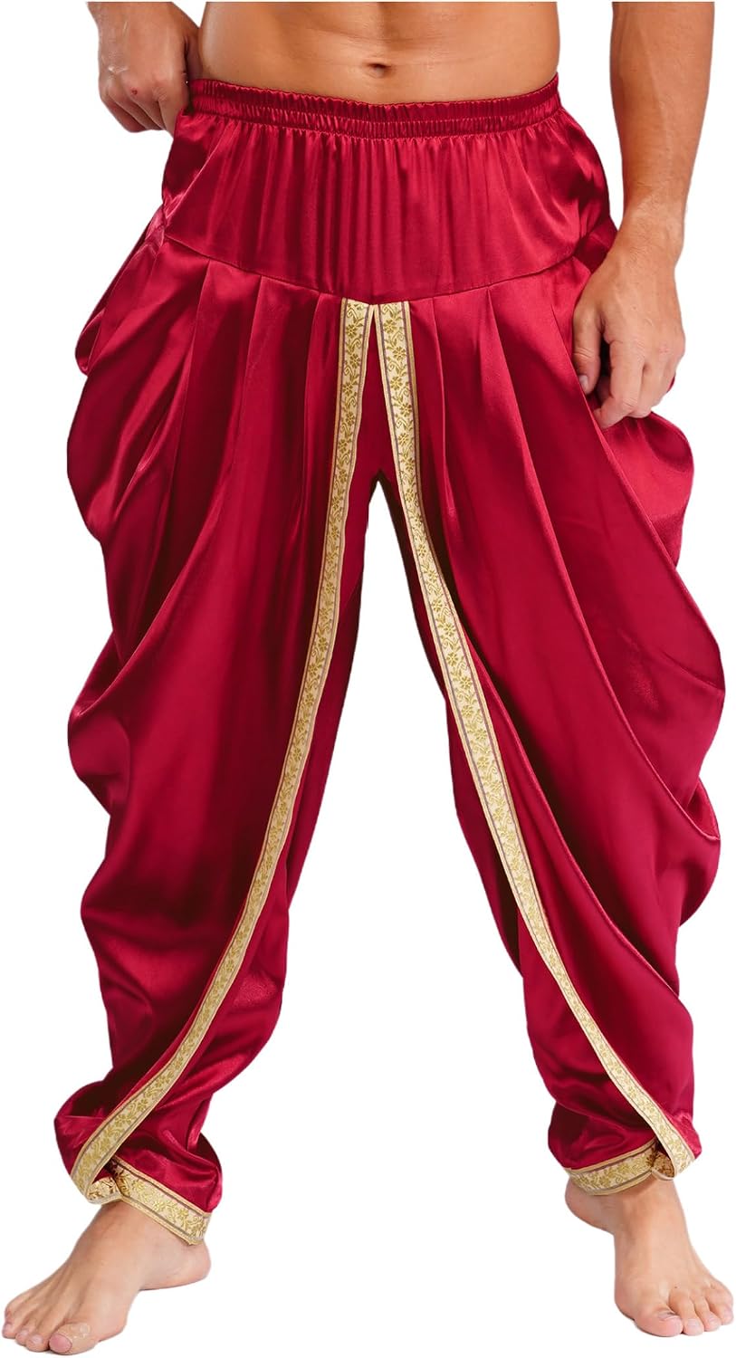 Linjinx Men's Satin Harem Pants Elastic Waistband Wide Leg Yoga Trousers Loose Fit Bottoms for Halloween