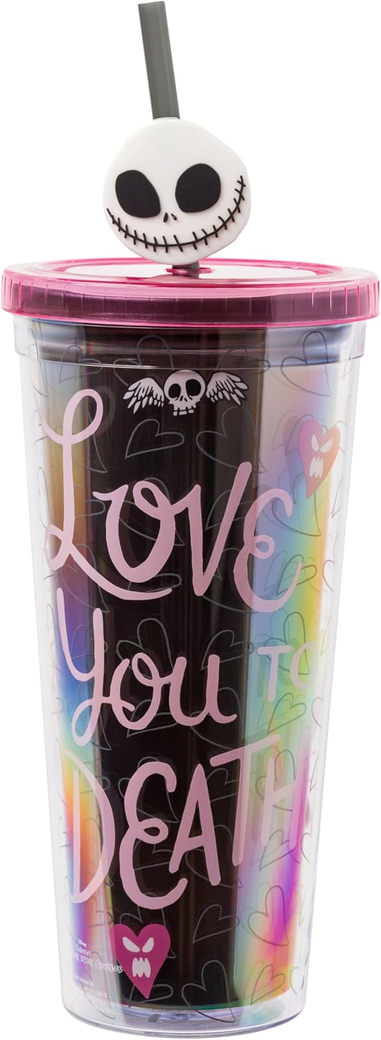 Silver Buffalo Disney The Nightmare Before Christmas Misfit Love Featuring Jack Skellington and Sally Plastic Cold Cup with Lid and Straw Topper, 24 Ounces