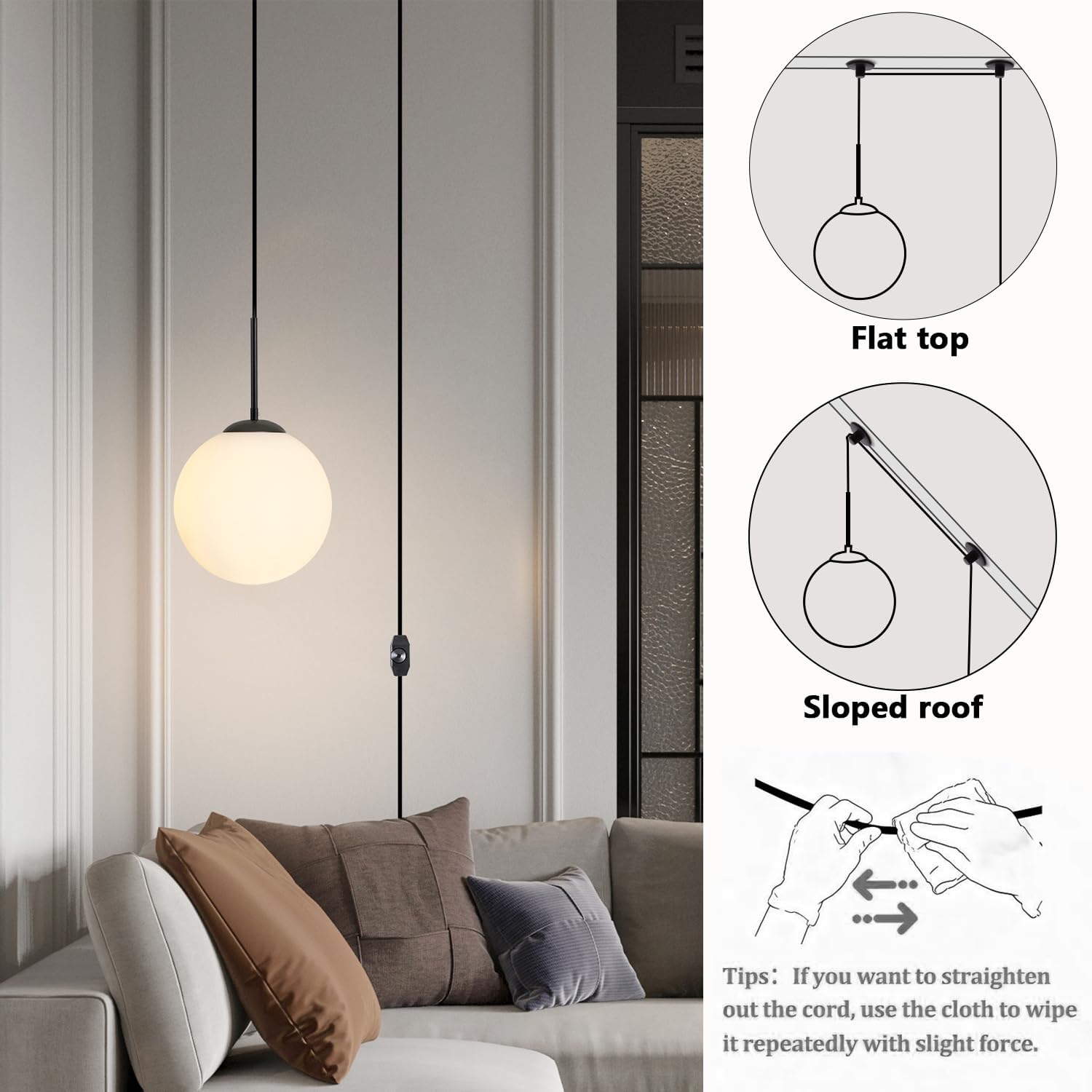 10” Plug in Globe Pendant Light Mid Century Modern Milk White Glass Globe Chandelier with 14.75ft Plug with Dimmable Switch for Bedroom Dining Room Kitchen Island, Black