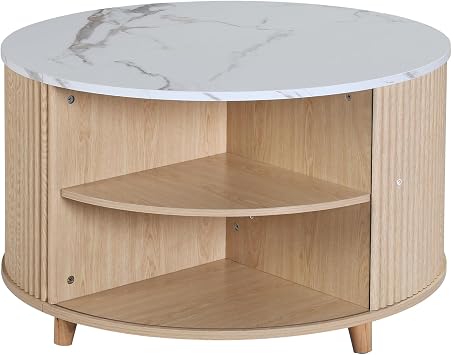 32" Round Coffee Table with Storage, Modern Wood Coffee Table with Cabinet