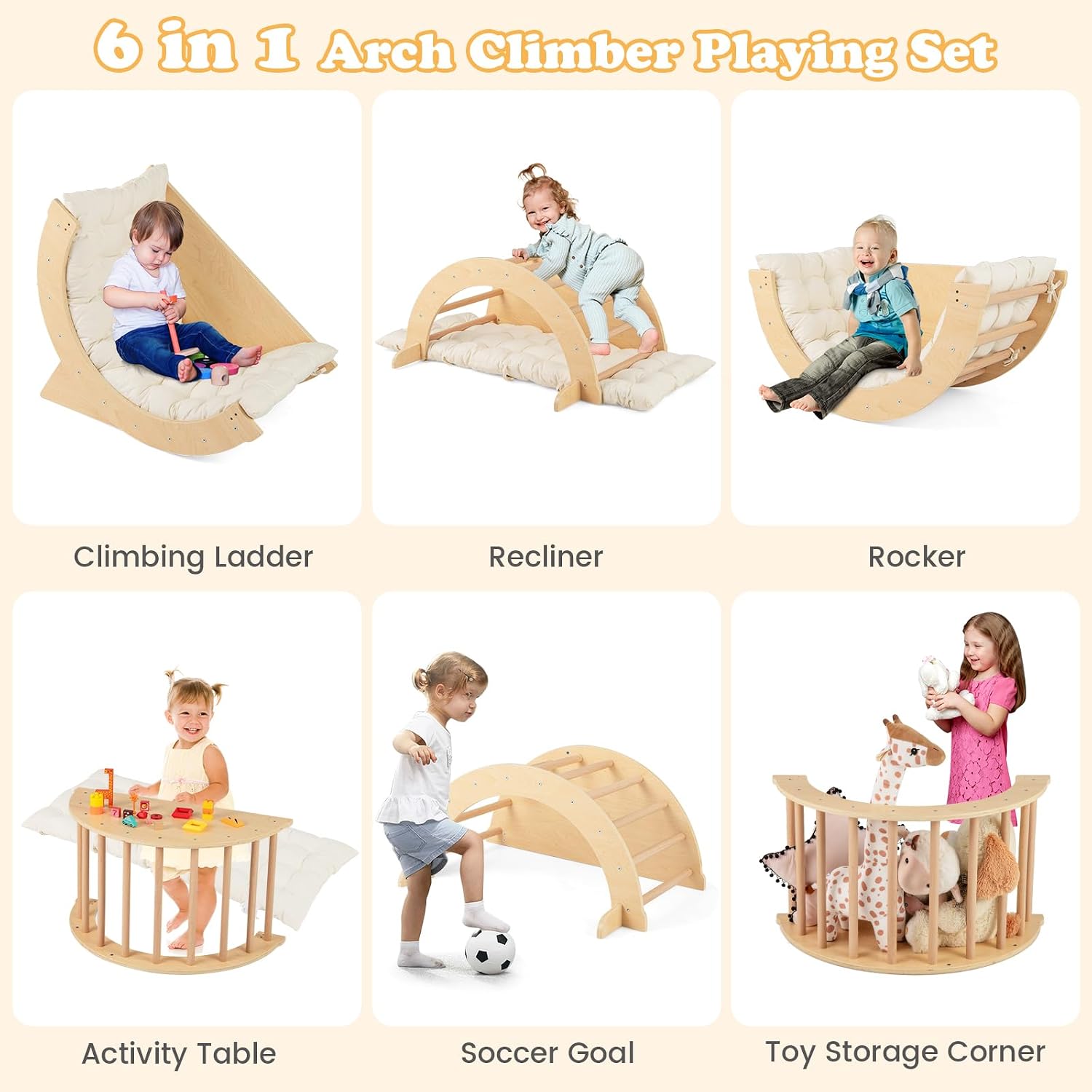 HONEY JOY Wooden Arch Climber with Cushion, Montessori Arch Table for Kids, Baby Rocker Ladder Play Gym Playground, Toddler Climbing Toys Indoor, Learning Gift for Kids Aged 1+ (Beige)