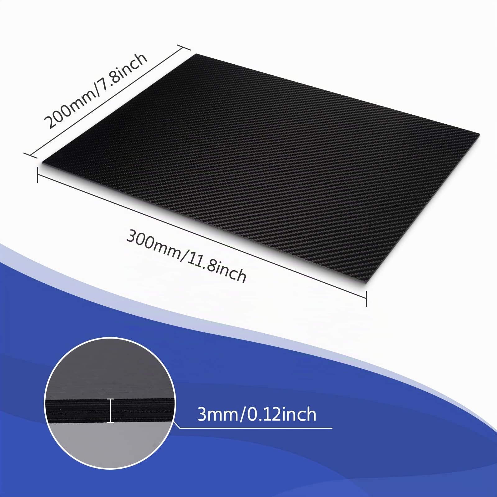 Feuilles de Fibre de Carbone 200 X 300 X 3 MM Plaque de Fibre de Carbone 100% Sergé 3K Mat Disponible en 1mm 2mm 3mm d'Épaisseur - Imperméable et Résistant aux UV