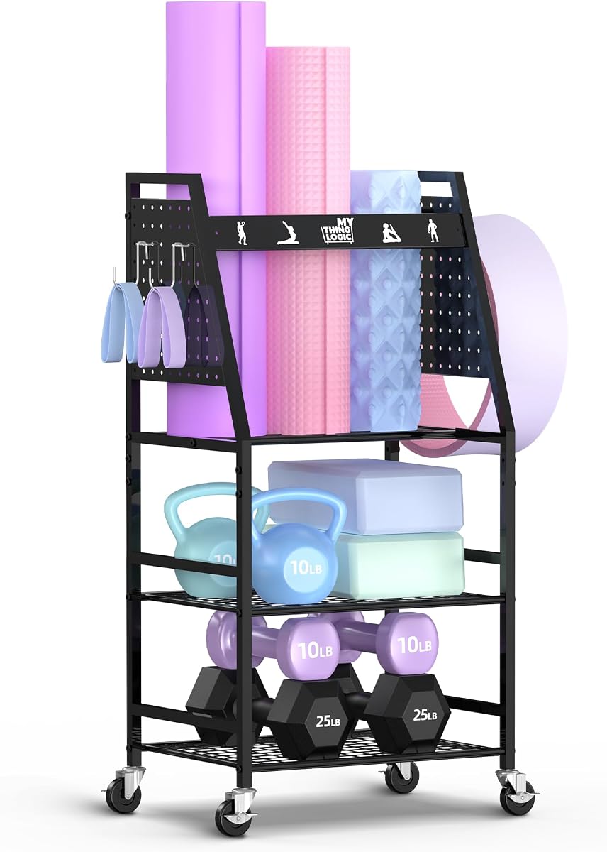 Mythinglogic Home Gym Rack for Dumbbells, Yoga Mats and Workout Equipment | All-in-one storage for dumbbells, kettlebells, yoga mats and fitness gear with metal shelves, hooks and locking wheels