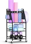 Mythinglogic Yoga Mat Storage Racks, Home Gym Storage Rack for Foam Roller, Resistance Band, Dumbbell, Kettlebell, Yoga Mat Holder, Workout Equipment Storage Organizer with Wheels and Hooks