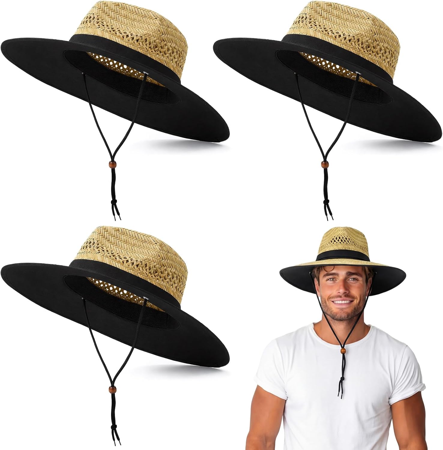 Unittype 3 Pcs Straw Hats for Men, Wide Brim Beach Hat for Sun Protection for Women Fisherman Hats for Travel Fishing with Lanyard