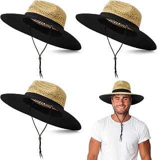 Unittype 3 Pcs Straw Hats Wide Brim Beach Hat Sun Fisherman Hat Travel Fishing with Lanyard for Men and Women