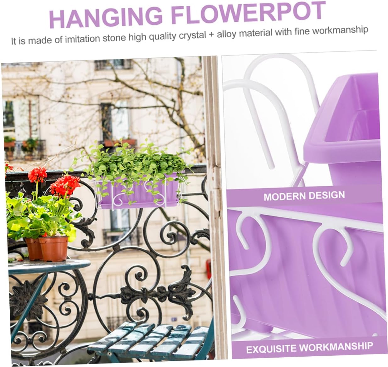 Rectangular Hanging Vegetable Planter with Violet Pot, White Iron Frame, and Saucer for Balcony, Garden, and Windowsill Vegetable Growing Container