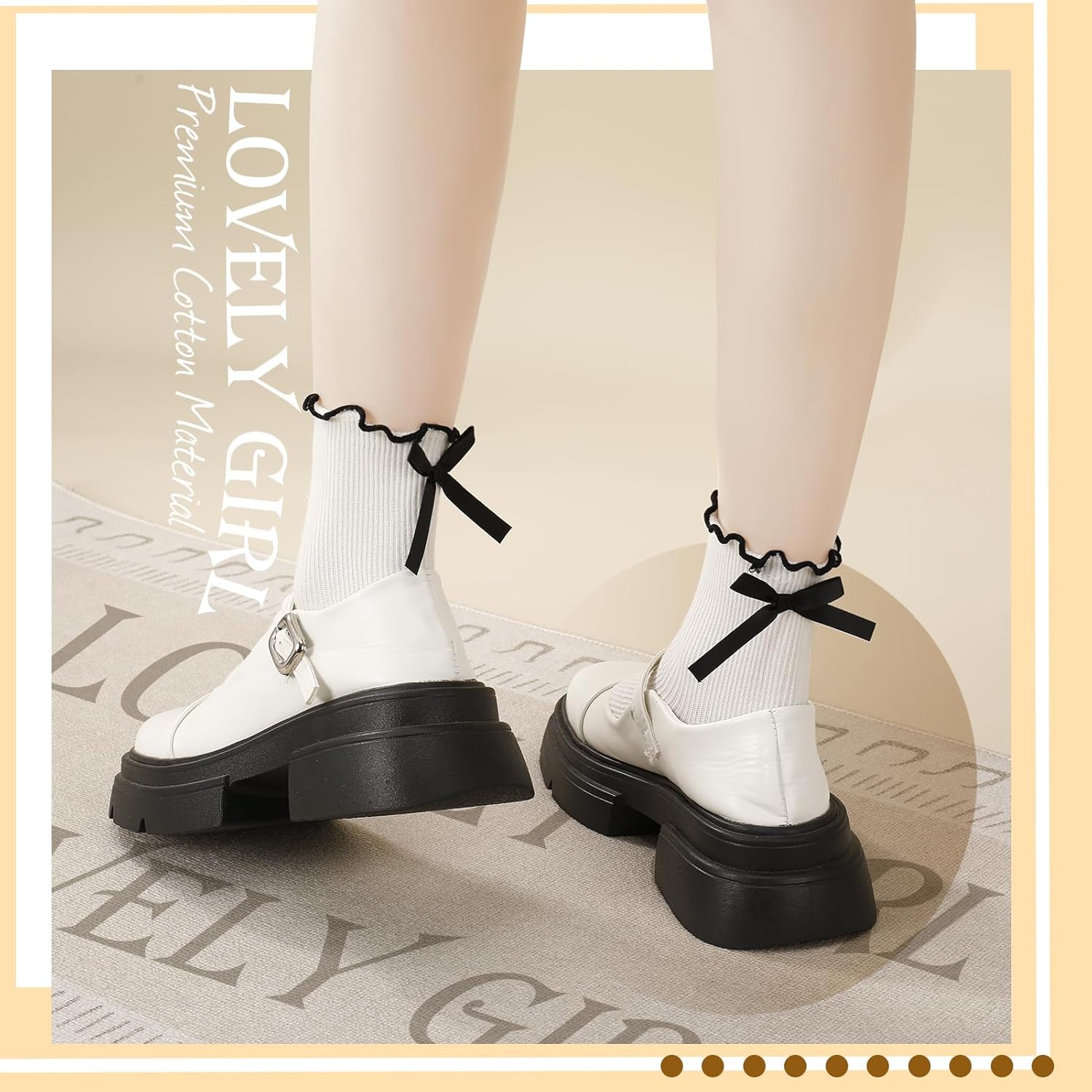 6 Pairs Womens Bow Socks Ruffle Casual Crew Socks Cute Black White Soft Breathable Cotton Frilly Ankle Socks - Image 4