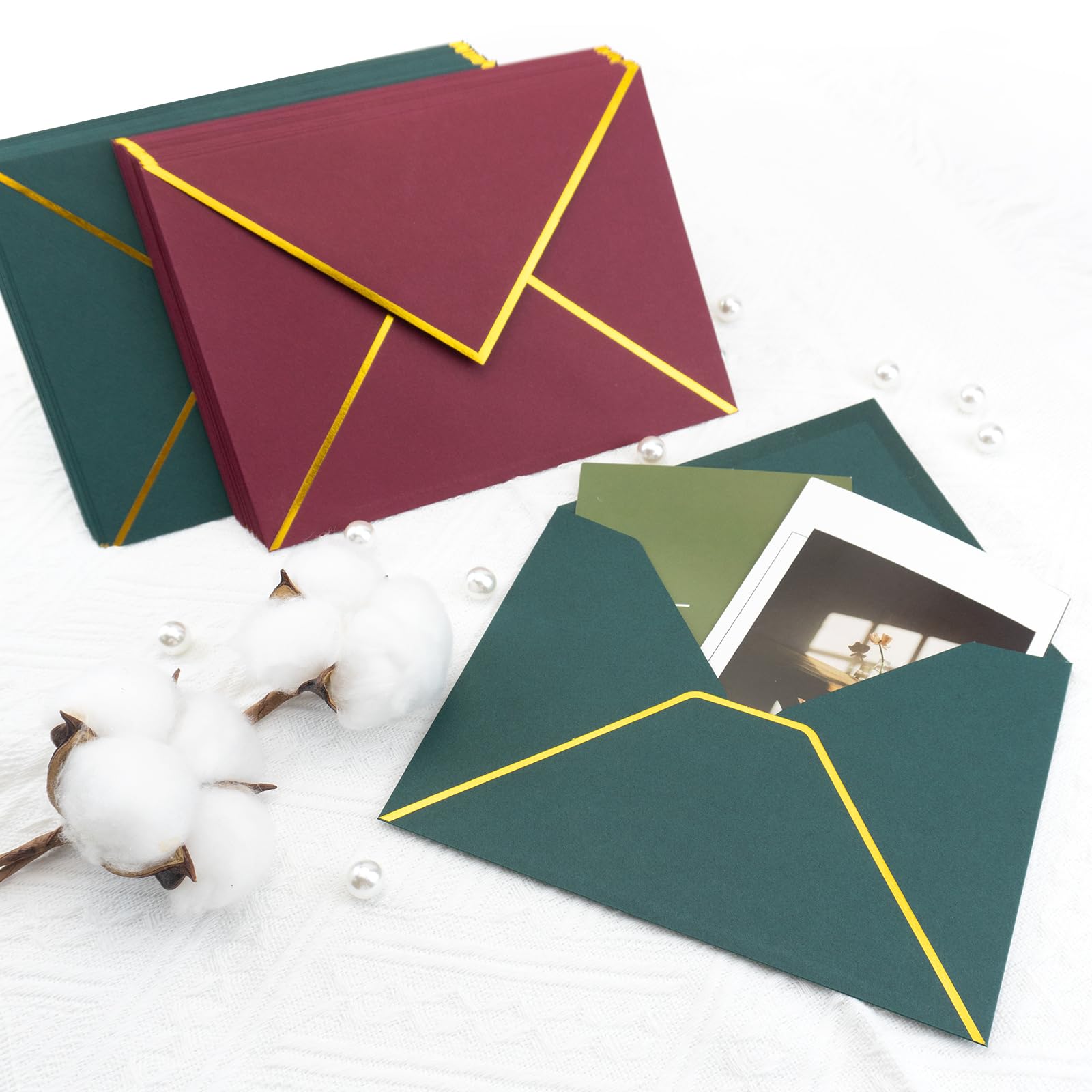 Quacc 30 sobres de Navidad A7 de 5 x 7 con borde dorado, solapa en V, sobres de invitación para tarjetas de regalo de boda, fiesta de cumpleaños, graduaciones (borgoña y verde oscuro)