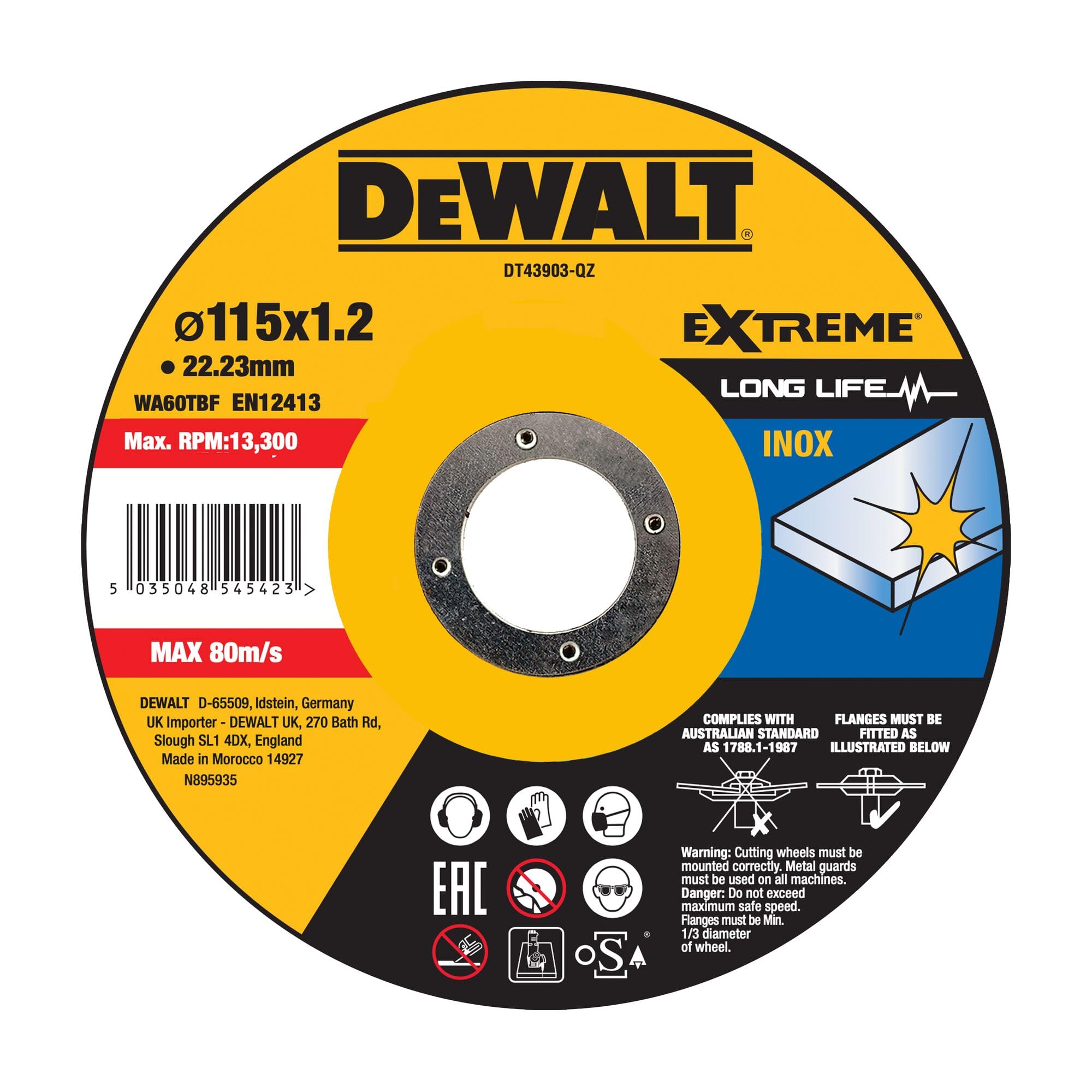 Dewalt Extreme Trennscheibe DT43903 (Ø 115mm x 1,2mm, Typ 41 (flach), Bohrung 22,23 mm, für Inox-Stahl, mit Aluminiumoxid, für den Einsatz auf Kabel- & Akku-Winkelschleifern, mit OSA-Zertifizierung)