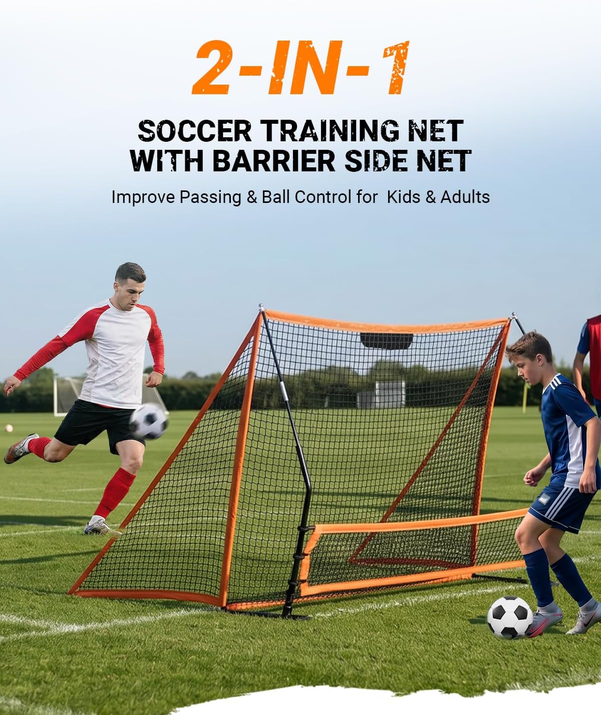 Soccer Rebounder, 2-in-1 Rebounder Soccer with Safety Backstop Net，for Solo Passing, Receiving & Trapping Practice，Soccer Rebounder Board for Kids & Adult，Includes Carry Bag,Stakes& Sandbags