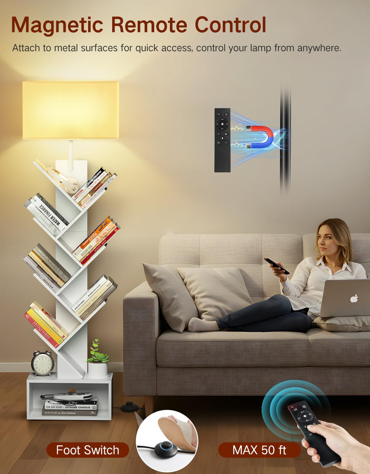 Libreria a Forma di Albero in Legno con Luce, Scaffale Autoportante a 6 Ripiani ad Angolo con Telecomando – Libreria Salvaspazio per Libri, CD, per Soggiorno, Studio, Ufficio (Bianco)