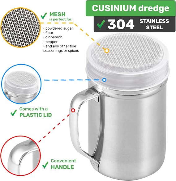 CUSINIUM Powdered Sugar Shaker Duster - With Handle - Cinnamon Shaker For Coffee Bar - Fine Mesh Dredge - 6 ounce | Style: Fine