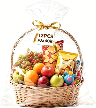 NUITPY 12 Pcs Large Cellophane Bags, 30 x 40 Inchs Cellophane Wrap for Gift Baskets, Durable Cellophane Gift Bag, Clear Basket Bag - Complimentary 12 Pcs Golden Twist Ties