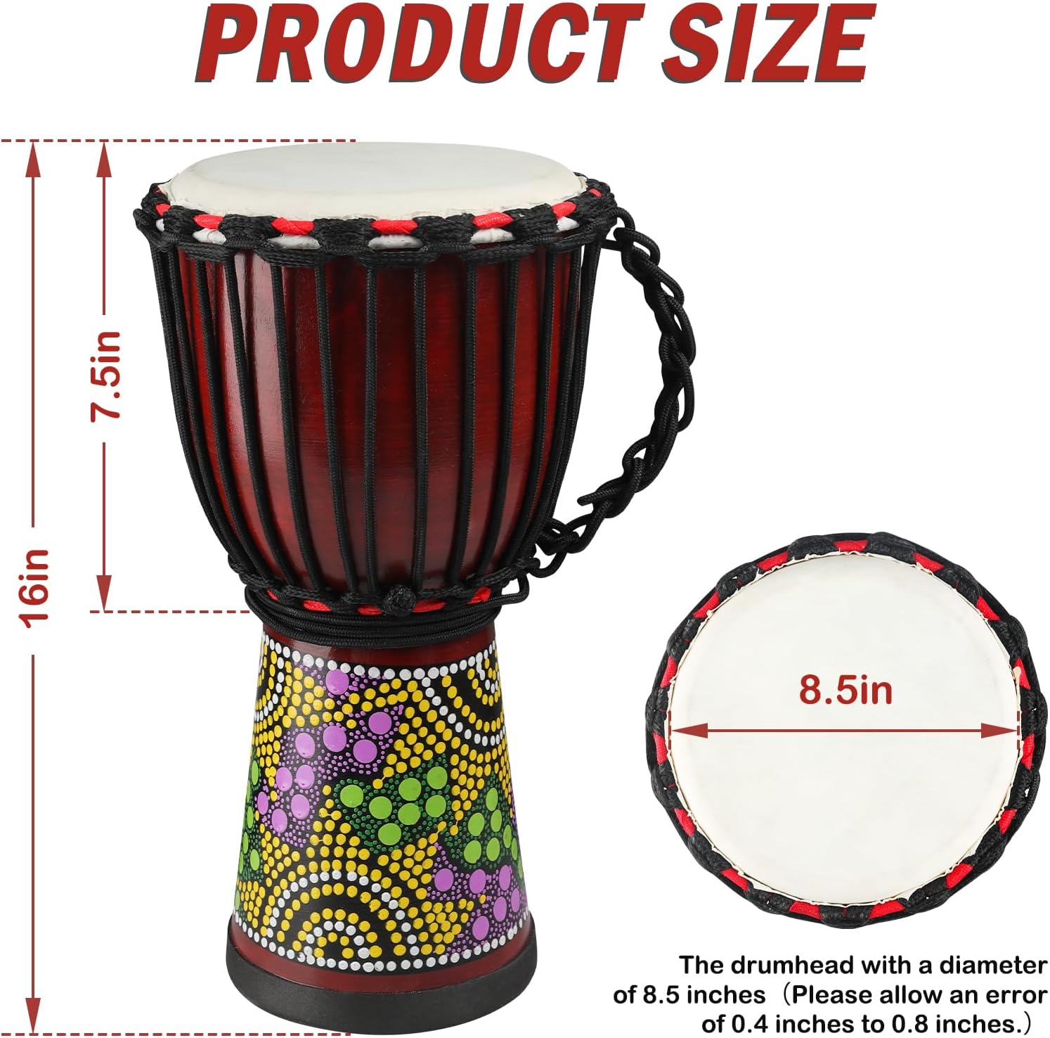 Wood Djembe Drum, 8.5'' x 16''Carved Mahogany African Drums with Goatskin Drumhead, West African Styled Professional Djembe Hand Drum Musical Instruments for Adults Beginners 8"-Colorful Pattern