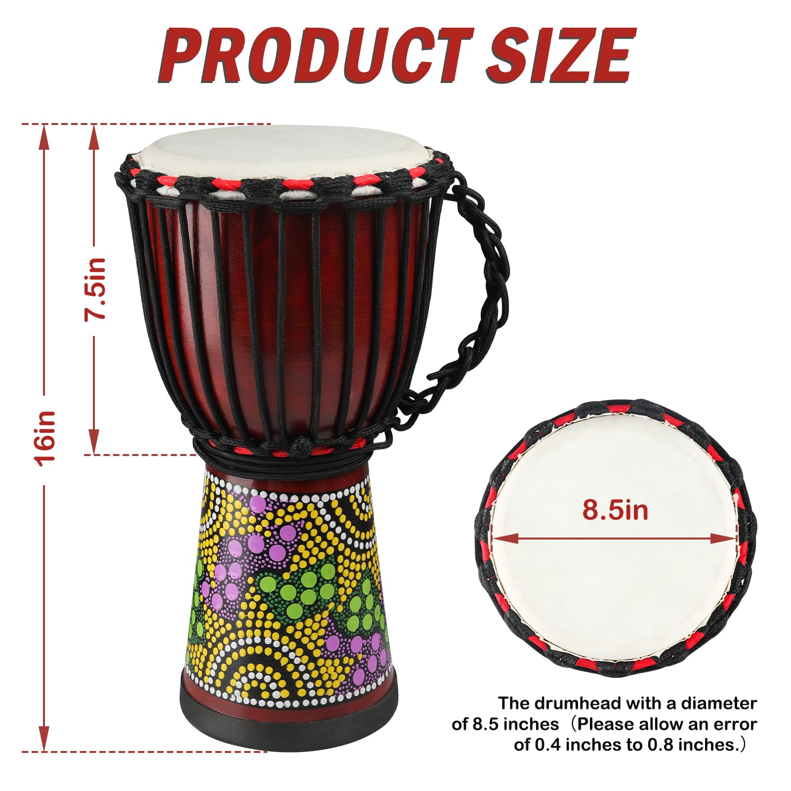 Wood Djembe Drum, 4.5'' x 8''Carved Mahogany African Drums with Goatskin Drumhead, West African Styled Professional Djembe Hand Drum for Kids and Adults Beginners