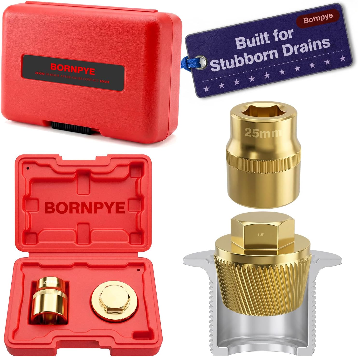 1.5" Tub Drain Removal Tool with 1-inch Socket, Pipe Nipple Extractor for Remove The Old, Broken, Stubborn, Rusted Drain Tub Bathtub Stopper Strong Grab Plumbing Tool with Solid Storage Case