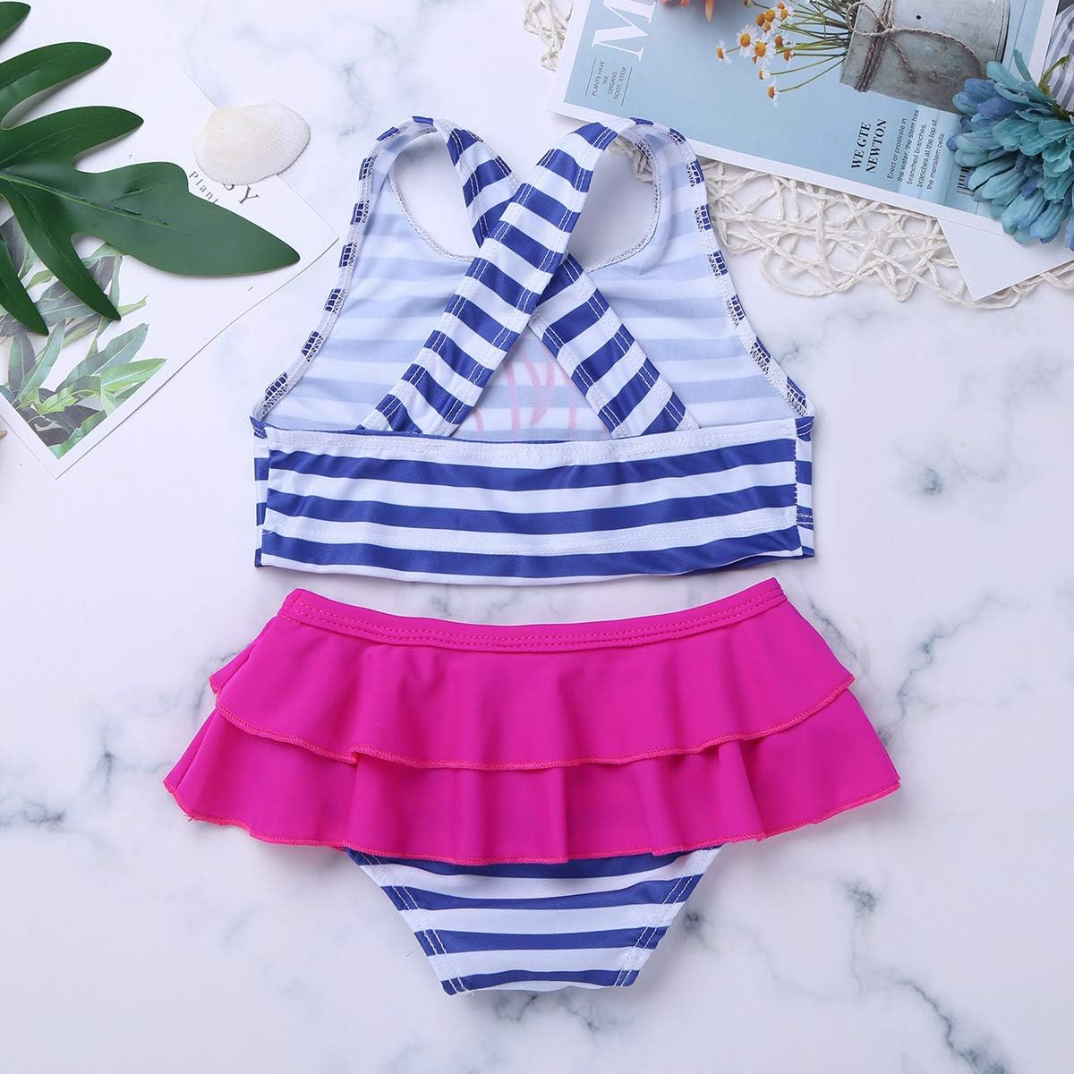 Freebily 2PCS Kids Girls Striped Tankini Swimsuit Swimwear Crop Tops with Ruffled Bottoms Summer Bathing Suit