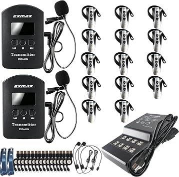 EXMAX 2.4G Wireless Audio Tour Guide System Overear Ear-Hook Receiver for Language Interpretation Training Teaching Silent Conference Simultaneous Church Translation Trip2 Transmitters 14 Receivers