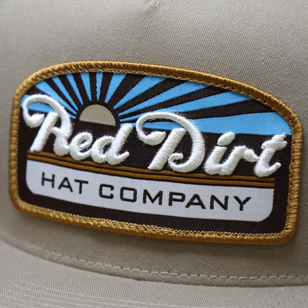 Red Dirt Hat Company 5-Panel Adjustable Snapback Hat, Trucker Cap w/Ventilated Mesh Back & Snap Back Closure, Structured Baseball Cap for Men & Women - Blue Skies, Khaki/Brown, One Size Fits All