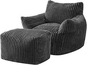 JULY'S SONG Corduroy Pouffe, Adult Living Room Chair, 96 x 95 x 79 cm, Grey, Modern Style, Hybrid High Density Foam Padding, Corduroy with Footrest