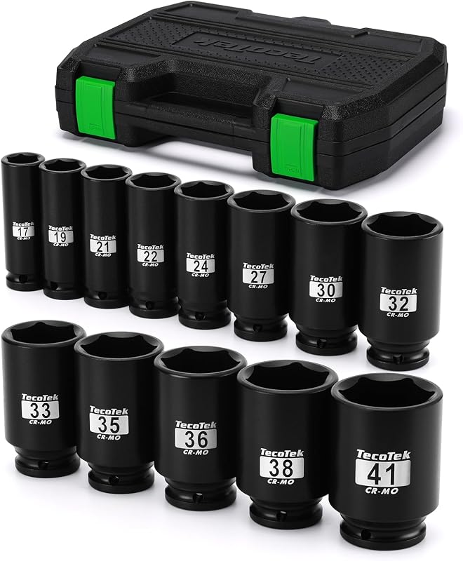 Jogo de Soquetes de Impacto TecoTek com Encaixe de 12,7 mm (1/2 pol.), Sextavados Profundos, Aço CR-MO, 17 a 41 mm, 13 peças