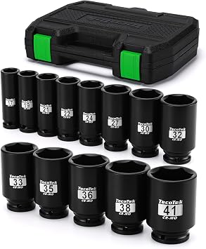 TecoTek 1/2" Drive Deep 6-Point Impact Socket Set, 13-Piece Spindle Axle Nut Impact Socket Set, Cr-Mo, Metric 17mm to 41mm, Enhanced Storage Case