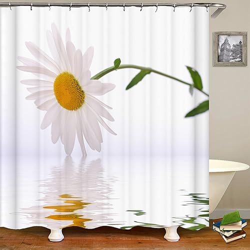 Vista 4 de Daisy Shower Curtain, Farmhouse Floral Shower Curtain Set, Rustic White Flower Shower Curtains for Bathroom, Waterproof Fabric with 12 Hooks, 72 x