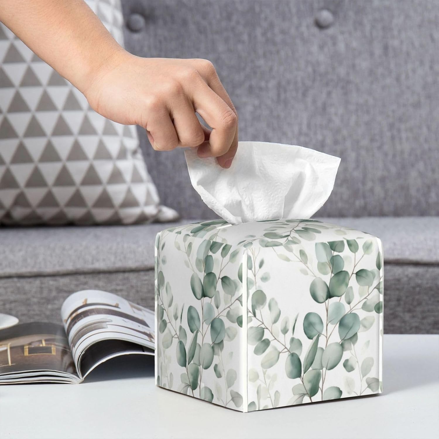 Sage Green Leaves Tissue Box Cover Eucalyptus Spring Summer Square Leather Tissue Case Holder Facial Paper Organizer Decorative for Tabletop Night Stands Desk Bathroom Kitchen Office Home Decor