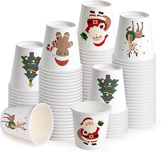 WRAPAHOLIC 3oz Christmas Paper Cups - 100 Pack Disposable Cups with Santa, Gingerbread, Reindeer and Xmas Tree Design, Mini Mouthwash or Snack Cup for Holiday Party, Bathroom, Winter Gathering