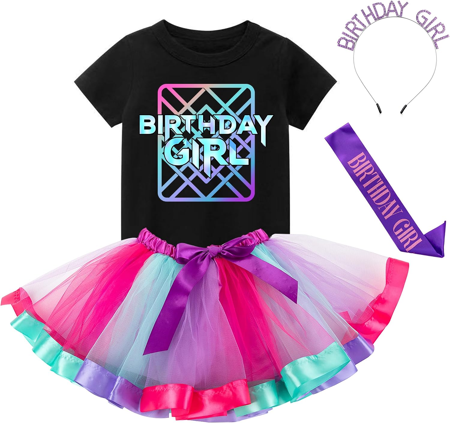 Tutu and Sian Birthday Girl Outfit: T-Shirt, Tutu Skirt, Satin Sash, Crown