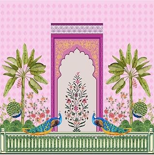 Kalamkari Peacock Pichwai Mural Art Prabhavali Vrahlakshmi Satin Backdrop Indian Ethnic Traditional Mughal Garden Floral Theme Cloth for Pooja Photo Booth Baby Shower Wedding South Indian Decor