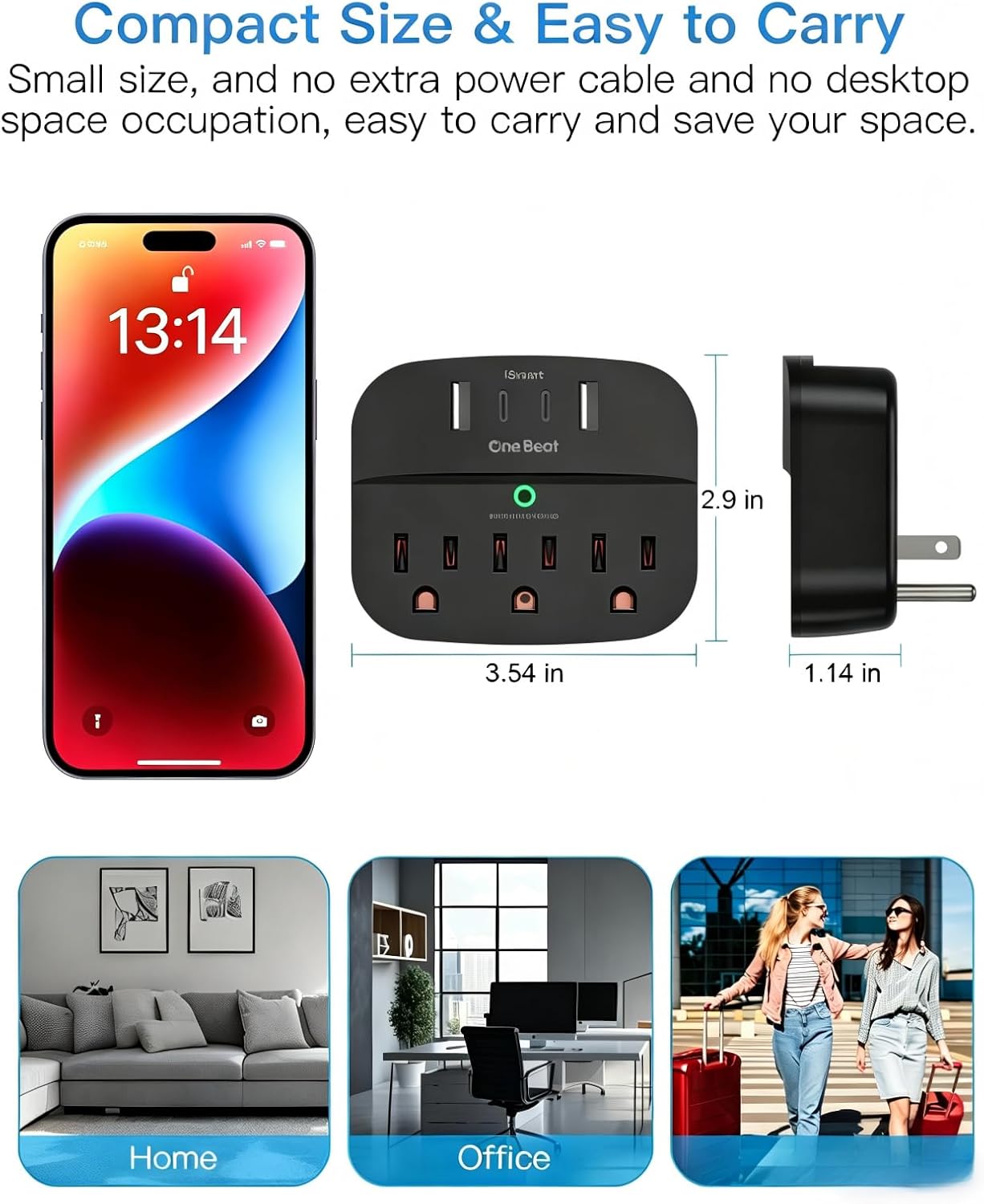 2 Pack Multi Plug Outlet Splitter, 490J Surge Protector Outlet Extender with 3 AC Outlets and 4 USB Wall Charger (2 USB C Ports), Small Adapter for Dorm Room and Travel Essentials, ETL Listed, Black