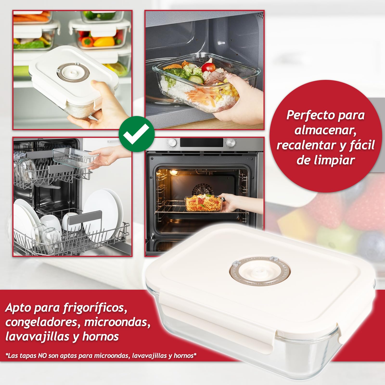 SPARES2GO Recipientes de vidrio para almacenar alimentos al vacío con tapas de cierre hermético (paquete de 5, medianos, 1040 ml) + bomba de sellado manual
