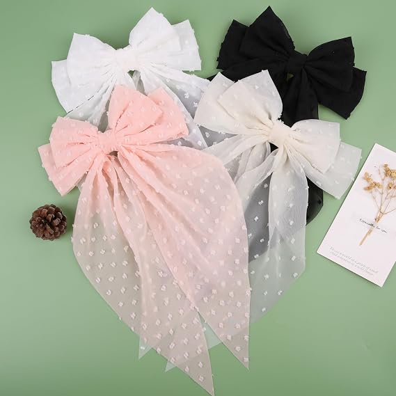 MRJ 4Pcs Chiffon Hair Bows for Women Big French Bows Hair Clips for Girls Hair Accessories Barrettes Metal Clips Bowknot Aesthetic