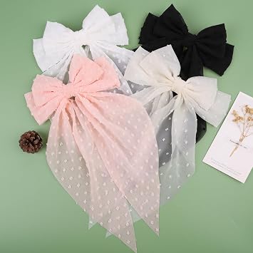 MRJ 4Pcs Chiffon Hair Bows for Women Big French Bows Hair Clips for Girls Hair Accessories Barrettes Metal Clips Bowknot Aesthetic