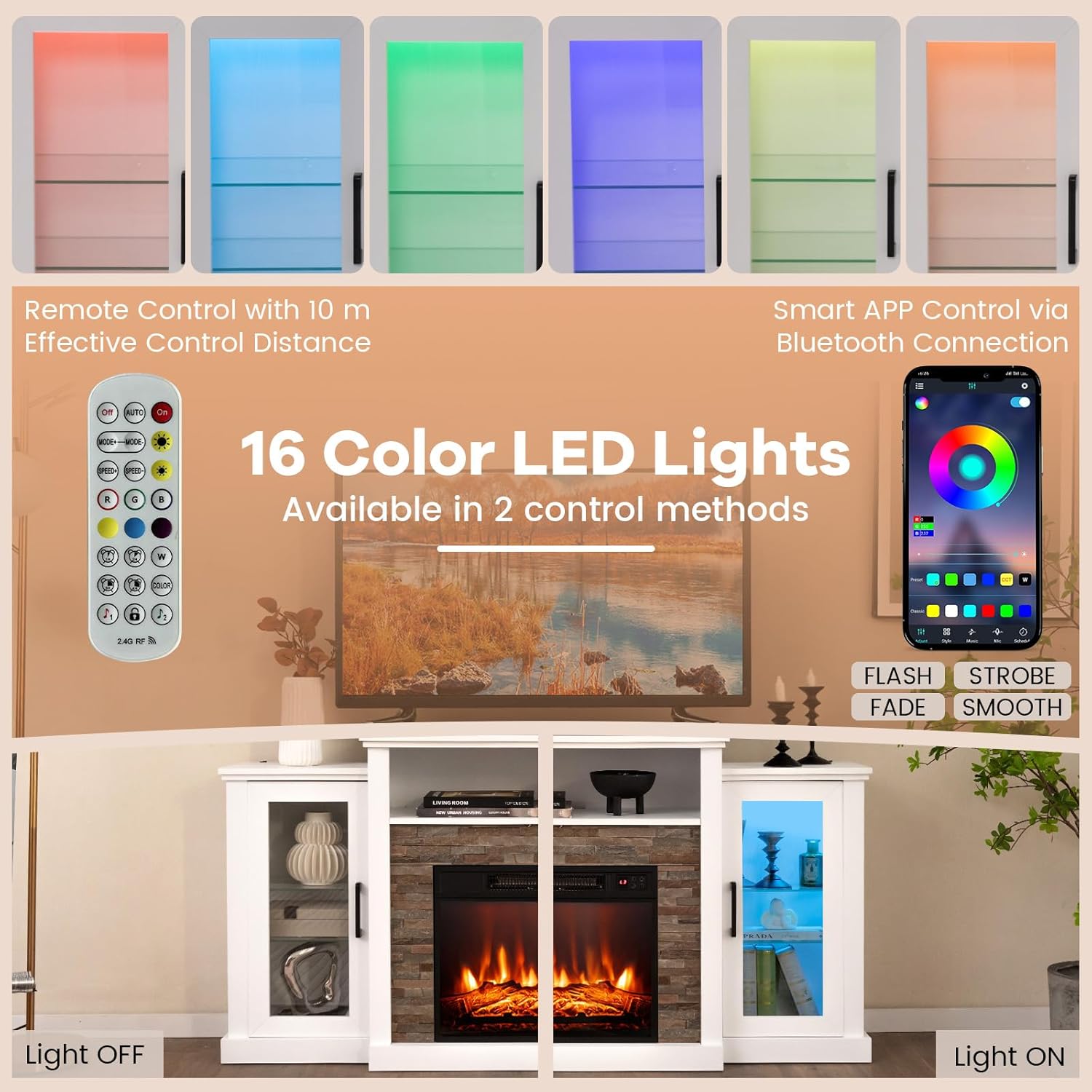 KOTEK Fireplace TV Stand, TV Console with Fireplace Insert, LED Lights & Adjustable Glass Shelves, Remote & App Control, Electric Fireplace Entertainment Center for Living Room Bedroom (White)