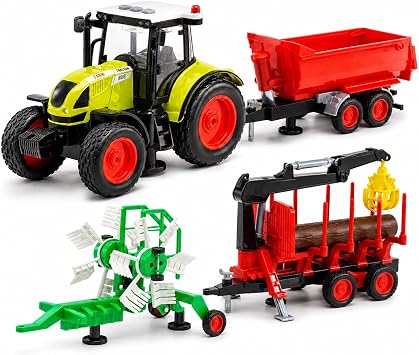 Friction-Powered 116 Farm Tractor Toy Set with Light & Sound Inertial Farmer Truck Playset with Detachable Trailers, Logging Crane, and Tipper Educational Farm Vehicle Toy for Kids Ages 3+