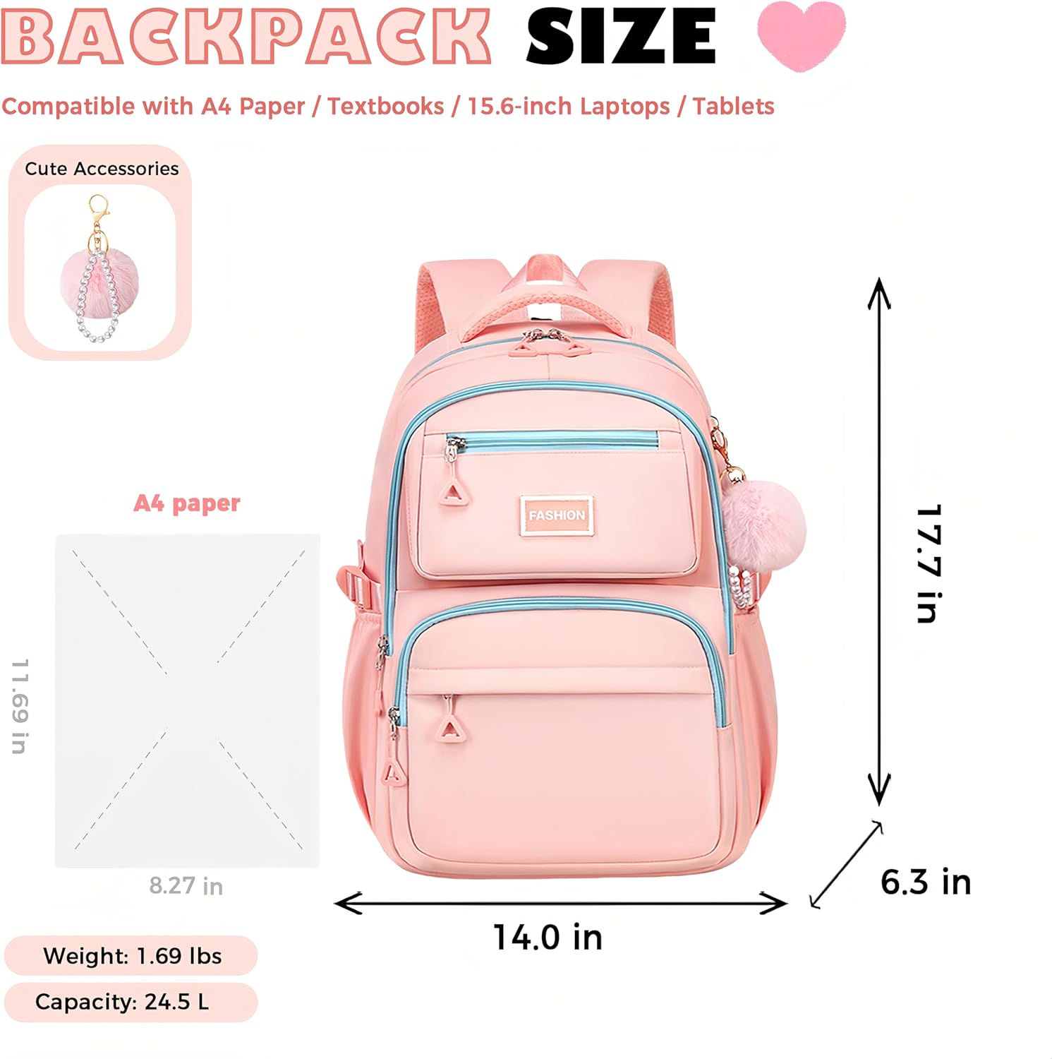 Cute Backpack for Women Girls Elementary Middle High School College Teens Kids Large Preppy Aesthetic Bookbag (Pink)