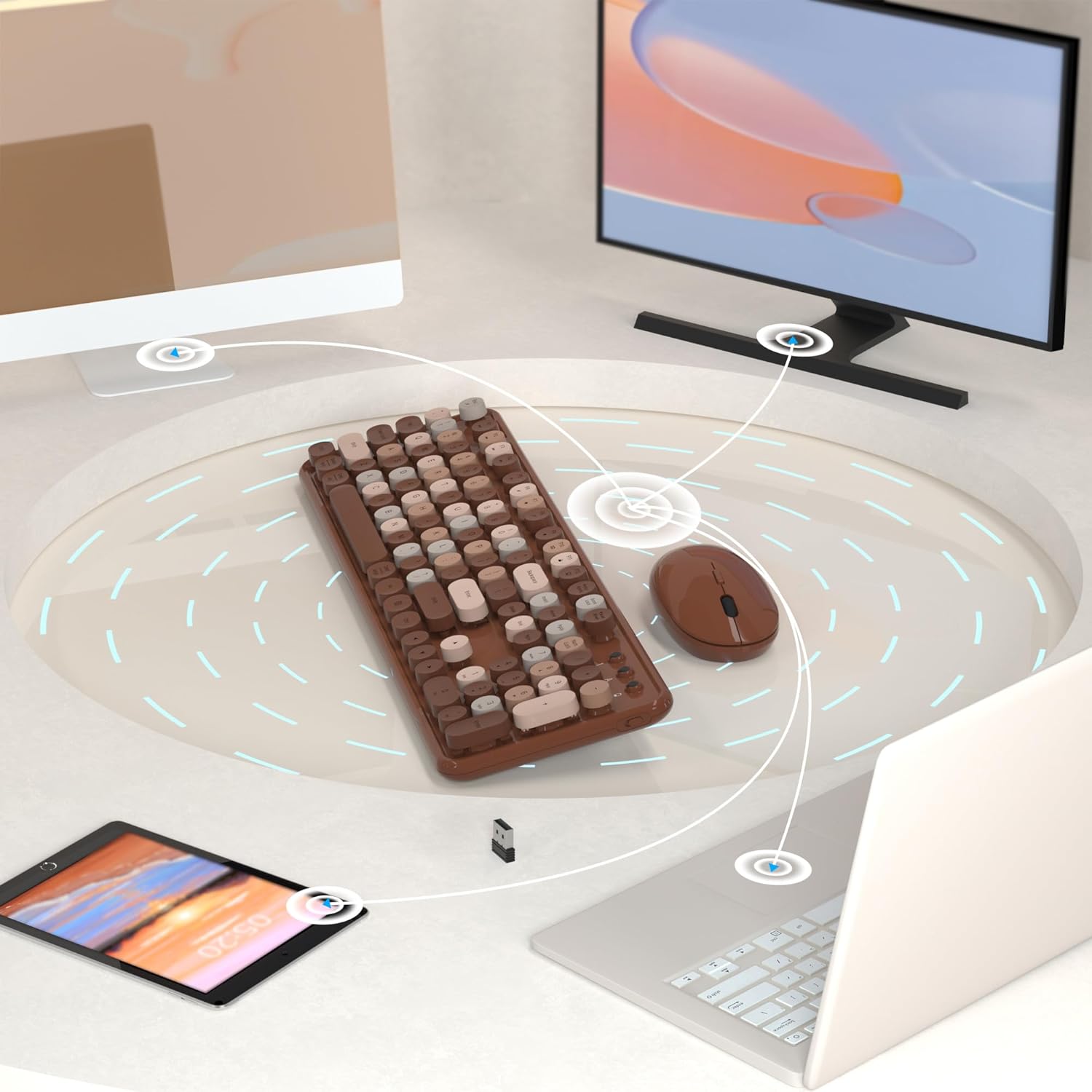 Diagram showing wireless connectivity of keyboard and mouse to multiple devices via USB receiver
