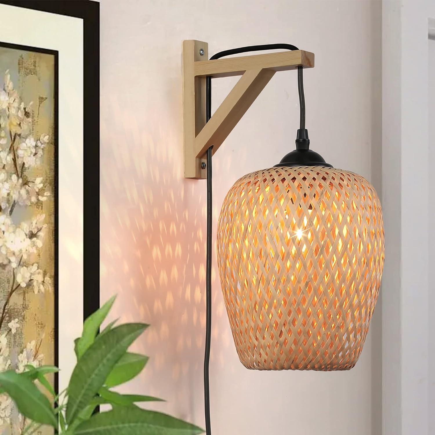 Modern Bamboo Wall Lights with Plug in Cord, Handmade Rattan Ceiling