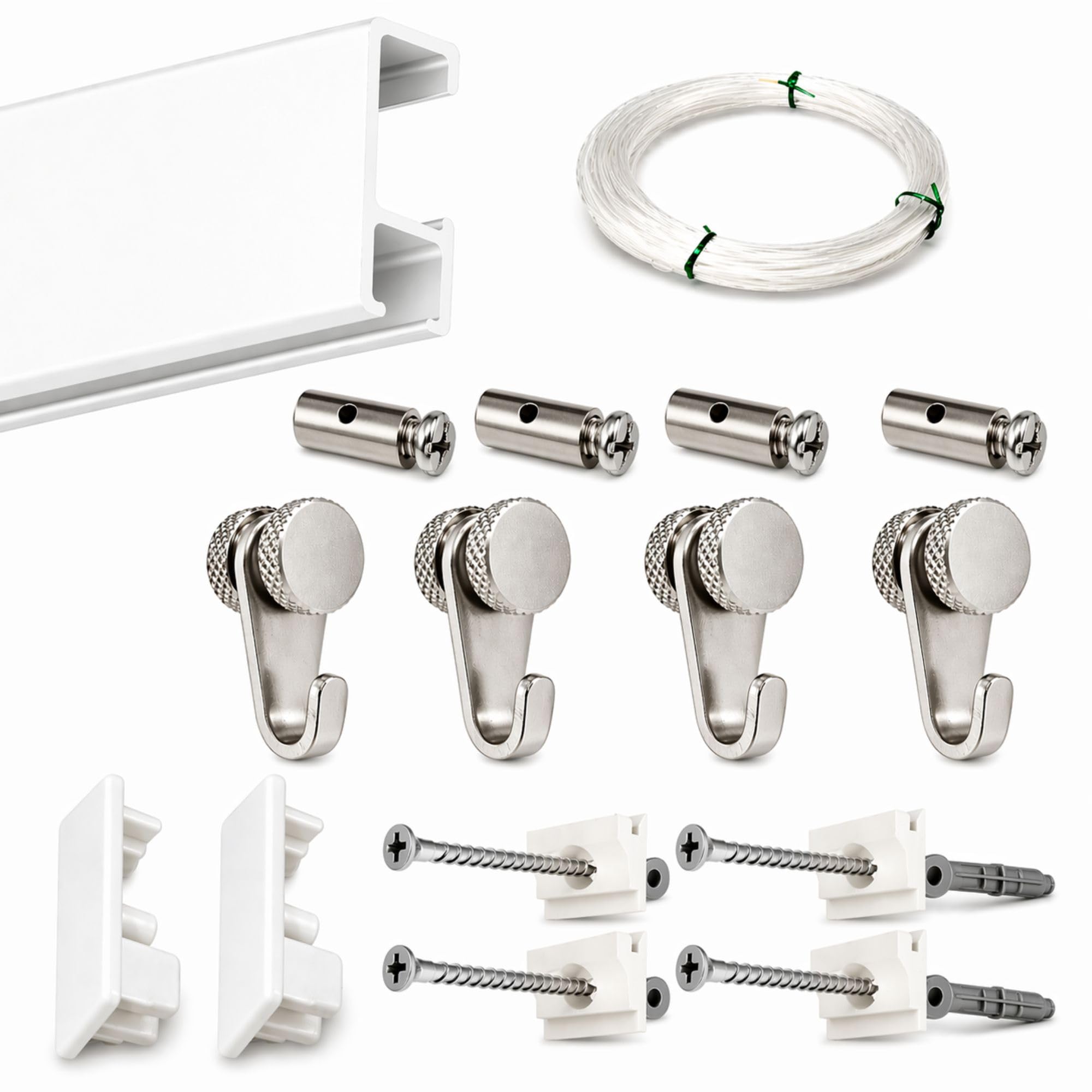 Pack Basic RM para Colgar Cuadros | Barra Guía de 150 cm de Aluminio Blanco | 4 Ganchos Nylon hasta 15 kg | Soporta 35 kg/ml | Incluye Tacos y Tornillos