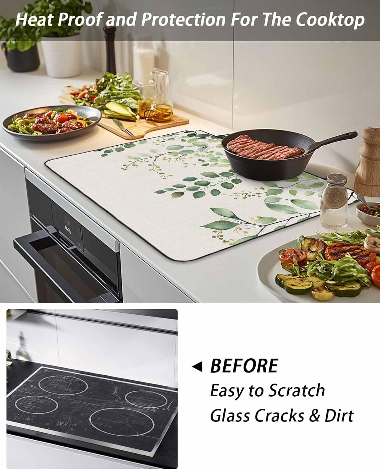 Stove Cover for Electric Stove 24x21 Inch Ombre Green Eucalyptus Leaf Stove Top Cover Vintage Branch Plant Glass Cooktop Covers Anti-Slip & Heat Resistant Countertop Protector Kitchen Decor
