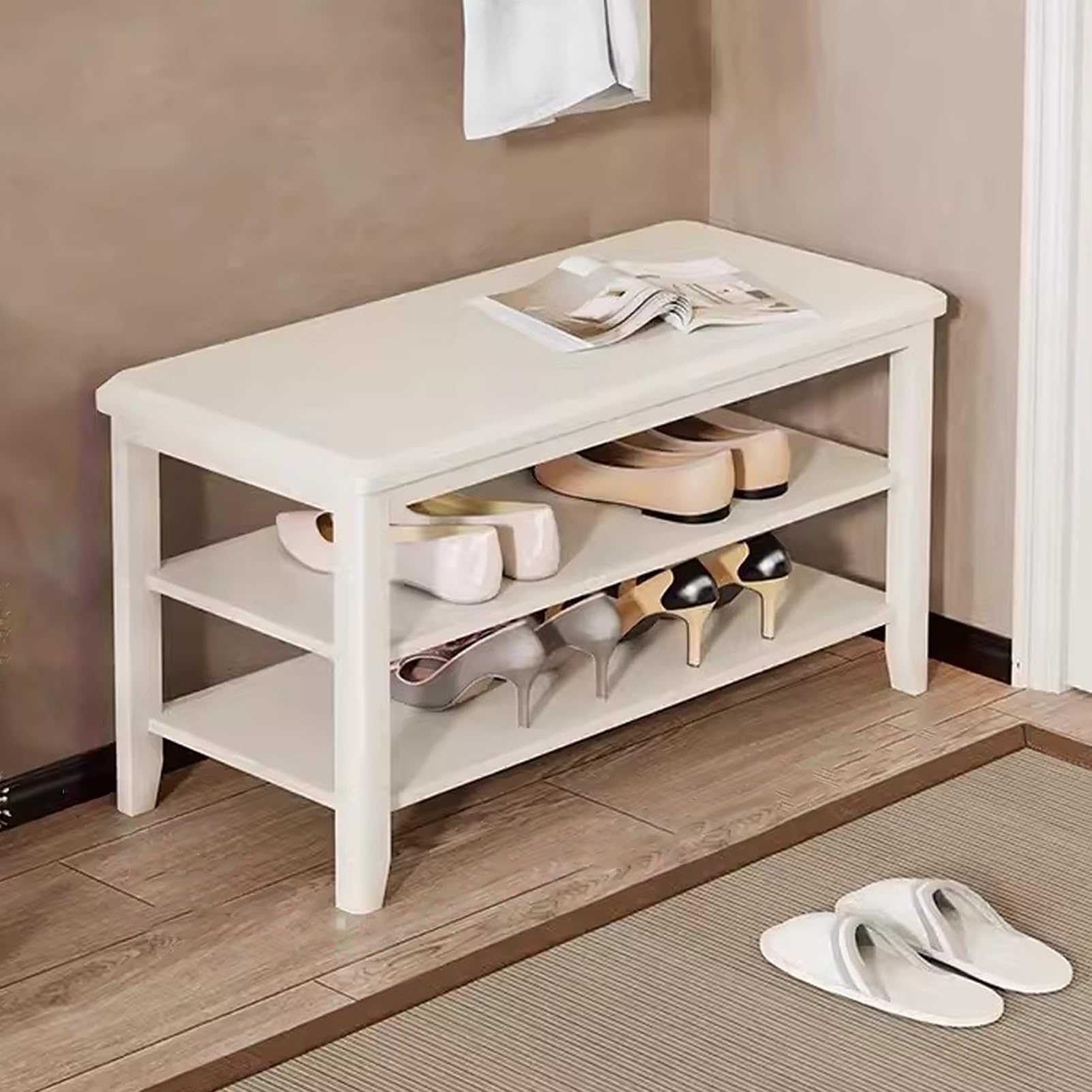 MSHGSKU 3Tier Wooden Shoe Rack Bench White Entryway Storage Seat Modern Corridor Organizer for Shoes Stylish Hallway Furniture SpaceSaving