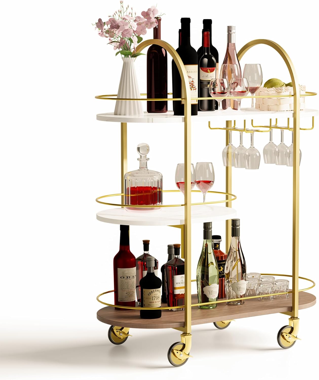 3 Tier Home Bar Cart on Wheels, Mobile Serving Wine Cart with Glass Holder, Gold Arc-Shape