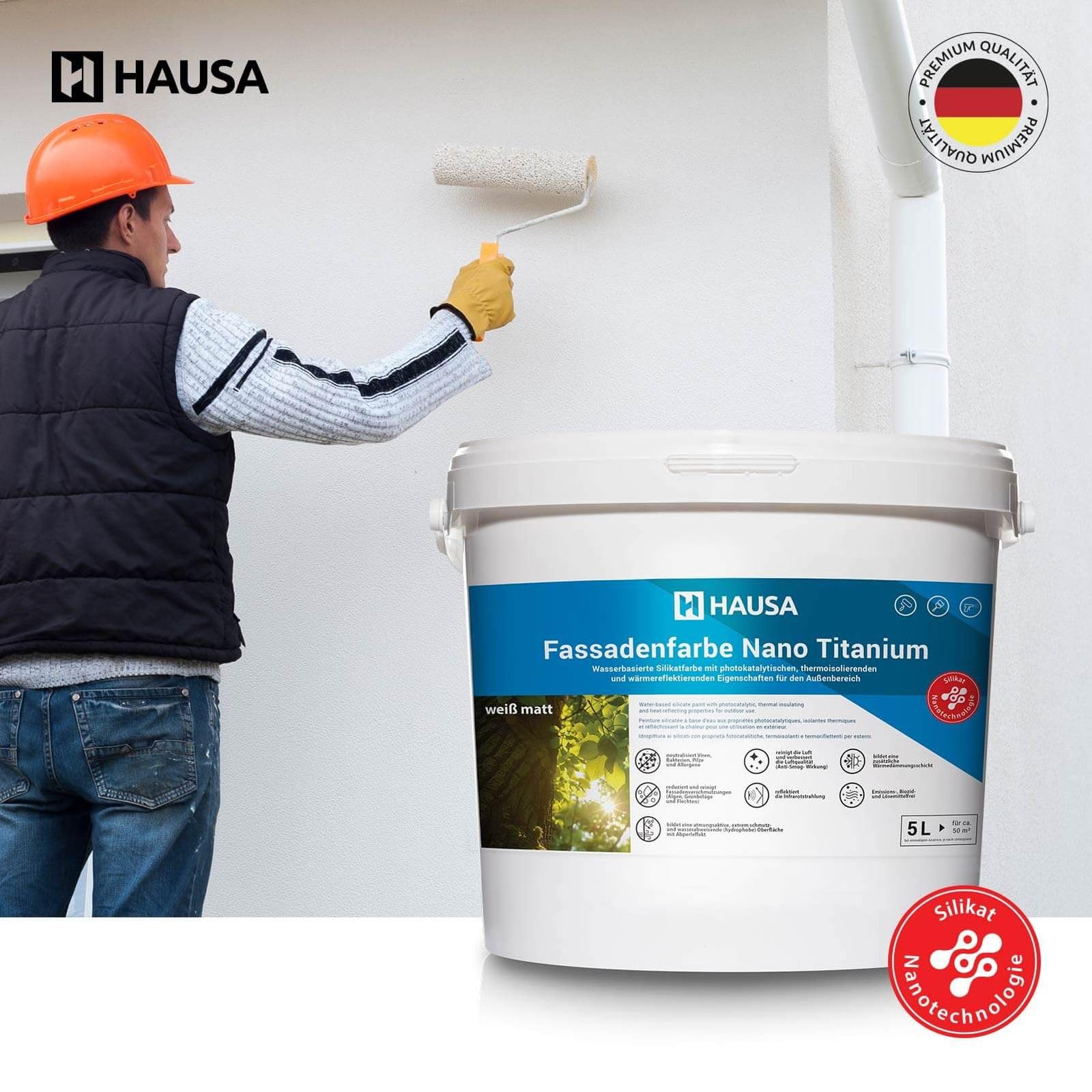 HAUSA Fassadenfarbe Nano Titanium 5L weiß matt Wandfarbe für Außen mit Abperleffekt, extrem wetterbeständig, energiesparend thermoisolierend, reinigt die Luft (Anti-Smog Wirkung) algenresistent
