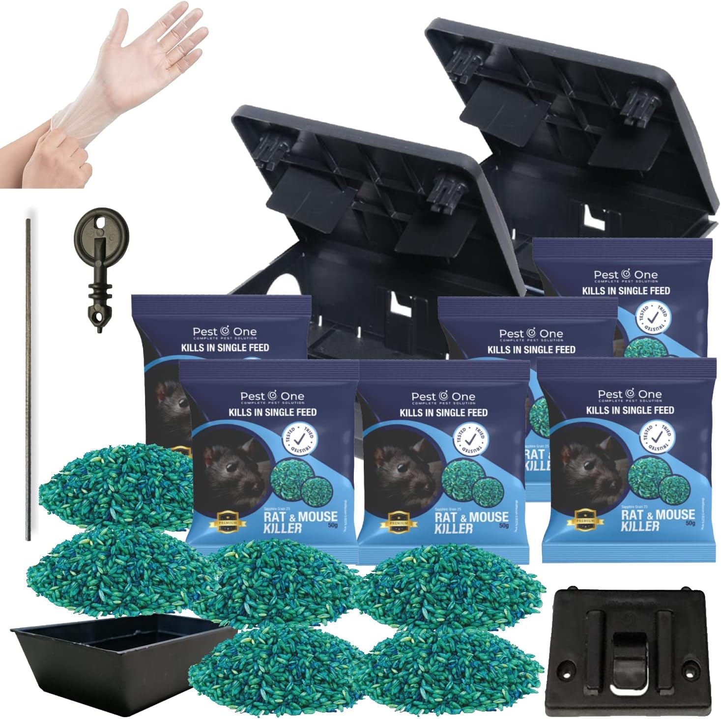 Pest O One Rat and Mouse Outdoor Bait Boxes & Single Feed Killer Grain Baits (2 Large Boxes & 300g Grains)