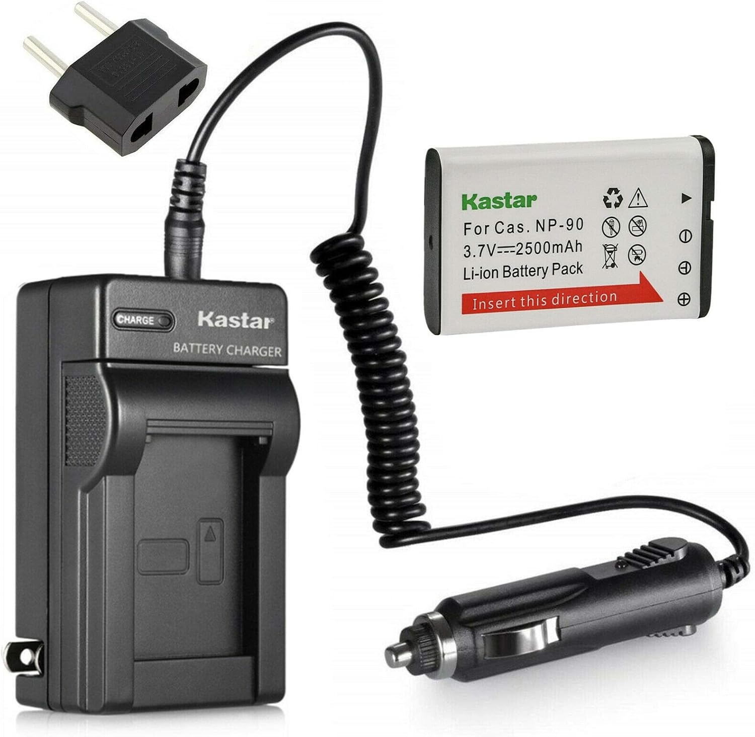 Kastar 1-Pack Battery and AC Charger with Car Adapter Compatible with Casio NP-90 NP-90DBA CNP-90 BC-90L, Casio Exilim EX-FH100 EX-FH100BK, EX-H10, EX-H15, Exilim EX-H20 EX-H20G EX-H20GBK EX-H20GSR
