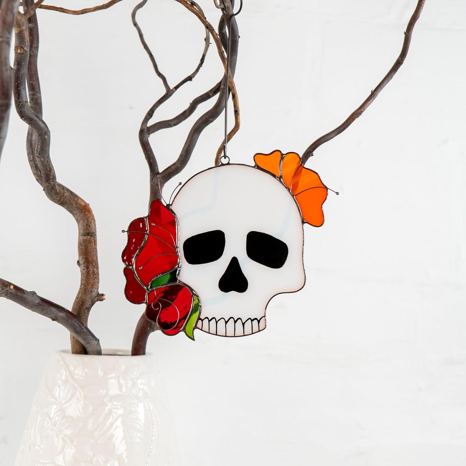 Skull Stained Glass Window Hanging Suncatcher for Windows Panels Halloween Ornament Decoration Stained Glass Halloween Suncatchers Gothic Decor (Skull)